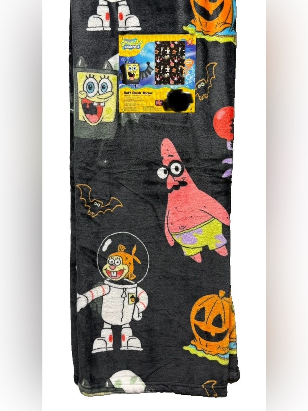 NWT SpongeBob SquarePants Black Plush Halloween Throw with Patrick & Sandy Print